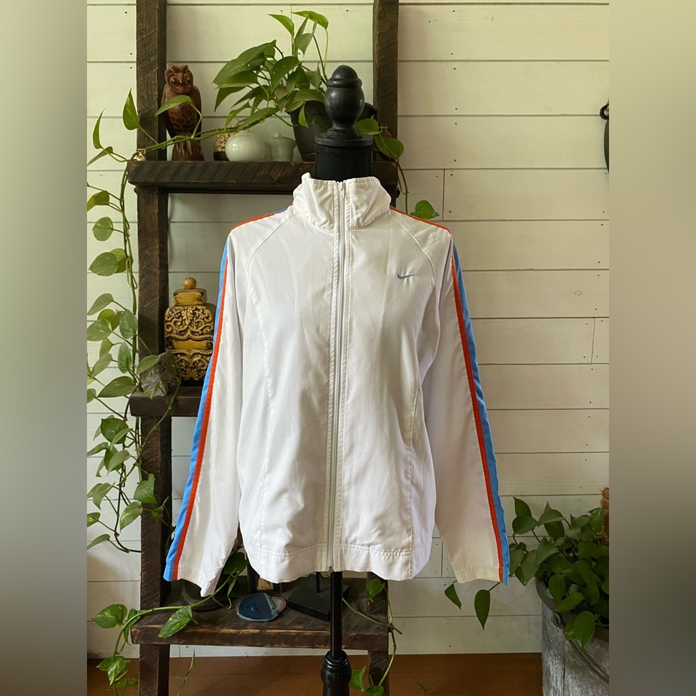 Nike: White Lightweight Bomber Jacket with Retro Blue and Orange Stripe Design - Picture 13 of 17